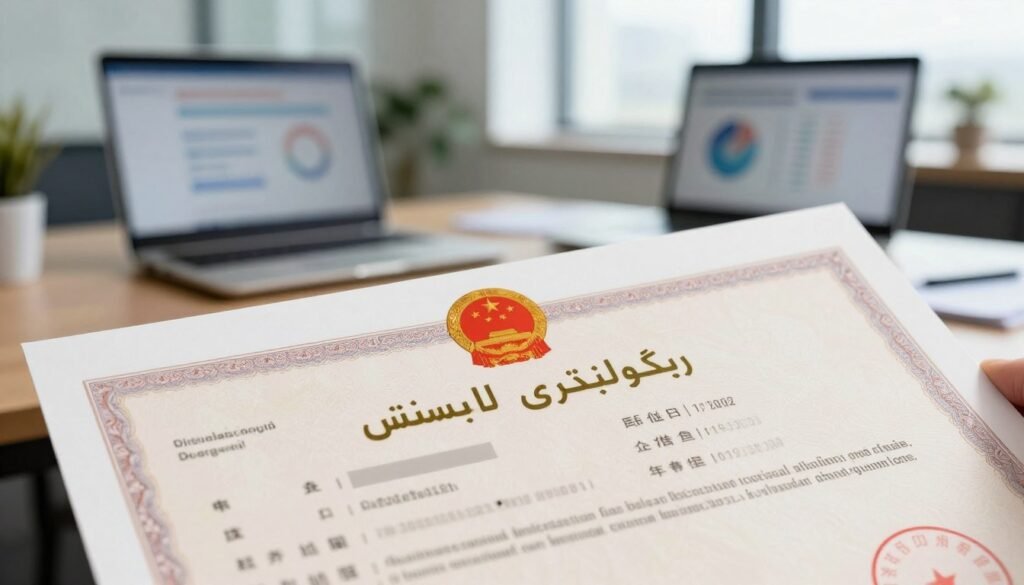 A detailed depiction of the "ہیڈوے بروکر ریگولیٹری لائسنس," featuring the license prominently in the foreground as a document with an elegant design. The license should have intricate patterns and security features visible up close, reflecting authenticity. In the middle ground, include a blurred office setting with a professional desk, showcasing a laptop and financial charts to emphasize the brokerage theme. The background should portray a modern corporate environment with large windows letting in natural light, creating a warm and professional atmosphere. The composition should convey trust and reliability, with soft lighting that highlights the license while keeping the overall tone sophisticated and clean. No text or any personal identifiers should be present in the image.