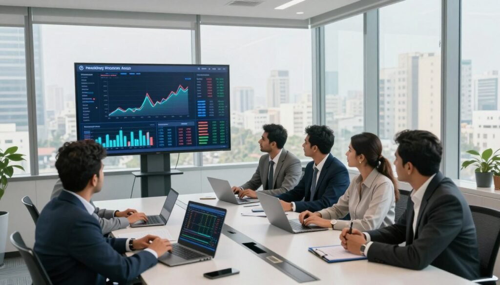 A modern office environment in Pakistan, focusing on the features of a headway broker. In the foreground, a diverse group of professionals, dressed in smart business attire, are engaged in a discussion around a sleek conference table with digital devices and trading charts visible. The middle layer showcases a large screen displaying analytical graphs and data, highlighting the efficiency and technological advancement of the broker. The background features large windows with a panoramic view of a bustling cityscape, bathed in soft, natural light that creates a positive and motivational atmosphere. The angle is slightly tilted from above, offering a comprehensive view of the interactions, reflecting a dynamic and professional setting ideal for decision making and collaboration.
