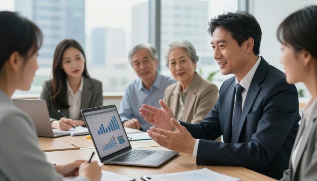 A modern office scene depicting a financial consultant discussing solutions with a diverse group of clients, set in a well-lit, professional workspace. In the foreground, a middle-aged man in a business suit gestures towards a laptop displaying financial graphs and charts. The middle ground features a young woman in smart casual attire taking notes, while a retired couple listens attentively, reflecting engagement and curiosity. The background showcases a bright city skyline through glass windows, symbolizing growth and opportunity. Soft, natural lighting enhances a positive and optimistic atmosphere, with a slight focus on the consultant to convey authority and expertise in financial advisory.