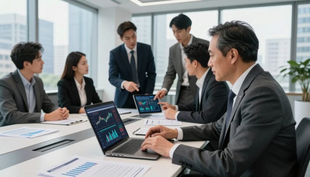 A modern office setting featuring a professional broker discussing investment strategies. In the foreground, a middle-aged man in a tailored suit is using a laptop, deeply focused, with financial charts displayed on the screen. Beside him, a diverse group of brokers in smart business attire, both men and women, are engaged in conversation, pointing at charts on a digital tablet. The middle ground showcases a contemporary conference table with financial reports and investment brochures spread out. The background includes large windows with a view of a bustling city skyline, allowing natural light to flood the room, creating an optimistic atmosphere. The overall mood is professional and dynamic, reflecting the essence of investment and finance.